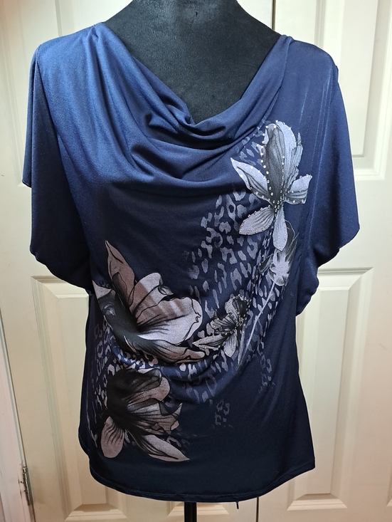 dressbarn Tops - dressbarn Navy Floral Drape-Front Blouse